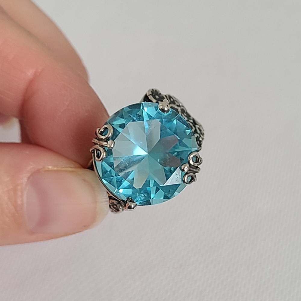 Vintage Sterling Silver Boho Chunky Blue Topaz Solitaire Floral Statement Ring - Picture 9 of 14